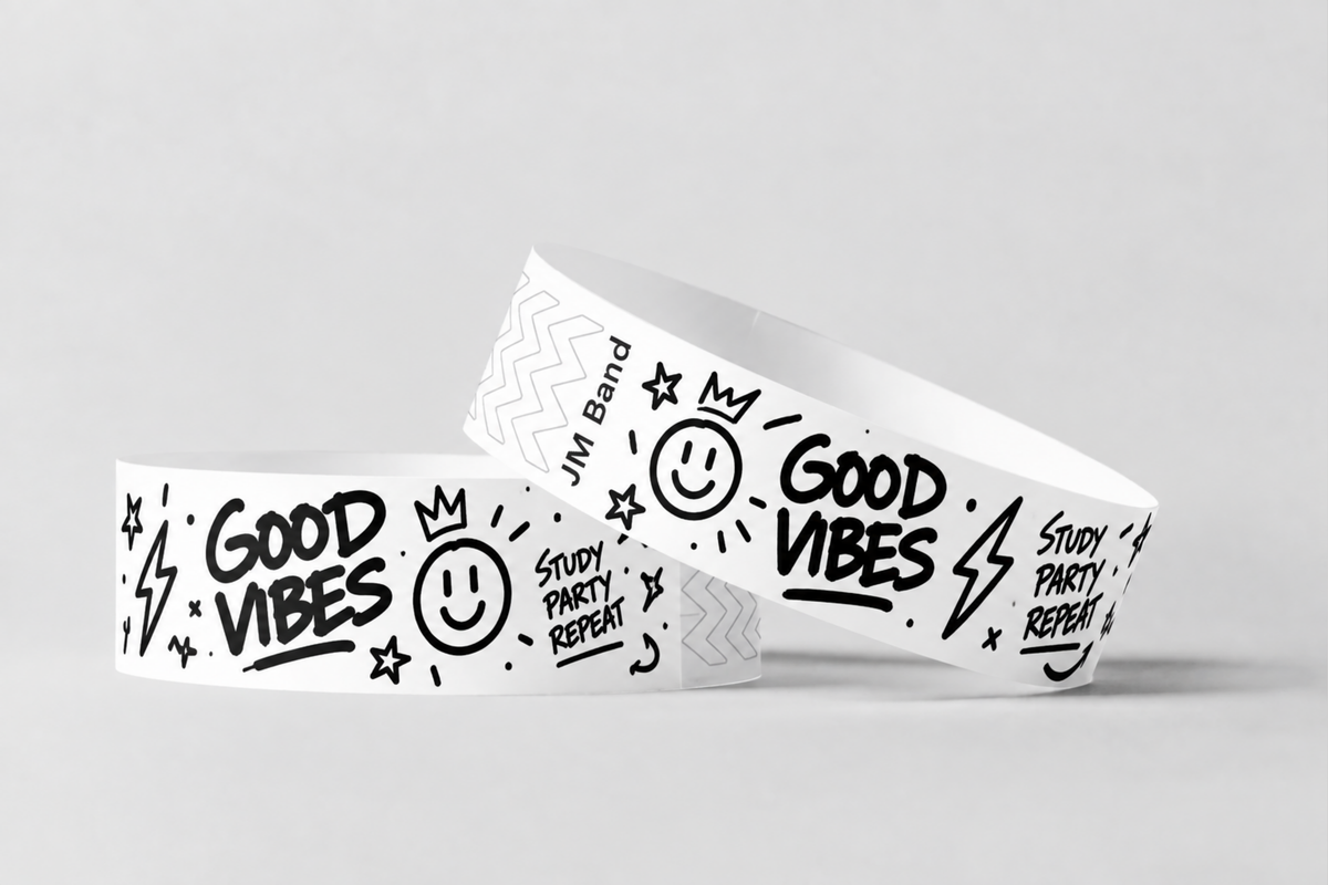Dva bílé papírové náramky s černým potiskem ve stylu doodle