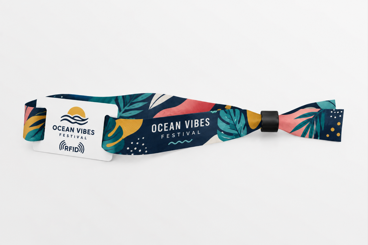 RFID textilní náramek z rPET s barevným tropickým festivalovým potiskem