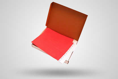 Fotografie krabičky 1000 papírových náramků - bez potisku od JM Band®. Kupte si papírové náramky v červené barvě zde.