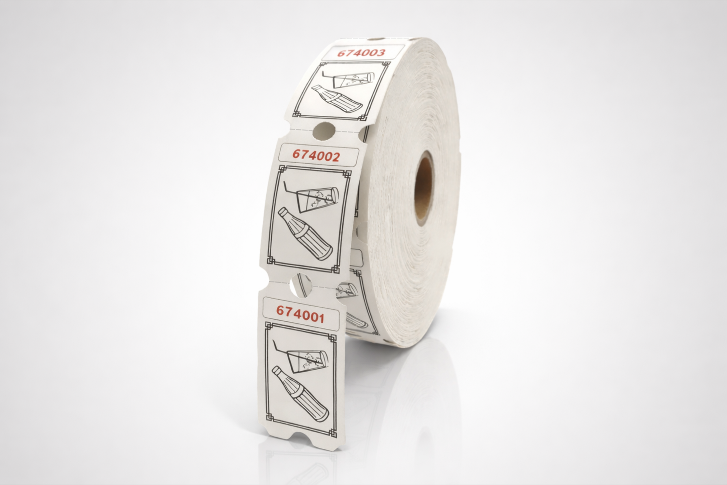 An image of white roll tickets with soda designs - Perfect for events | JM Band®